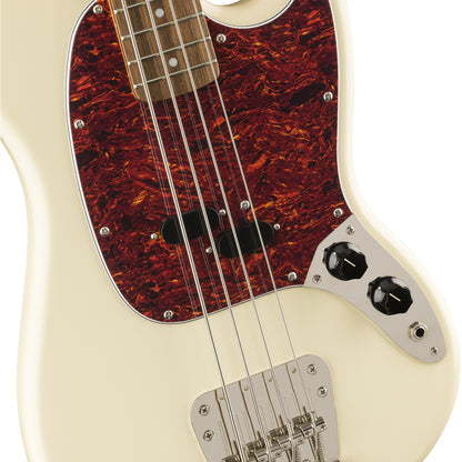 Squier by Fender Classic Vibe '60s Mustang Bass Electric Guitar Vintage Style LRL with Split Coil Pickup, Nickel Plated Hardware (White, Green)