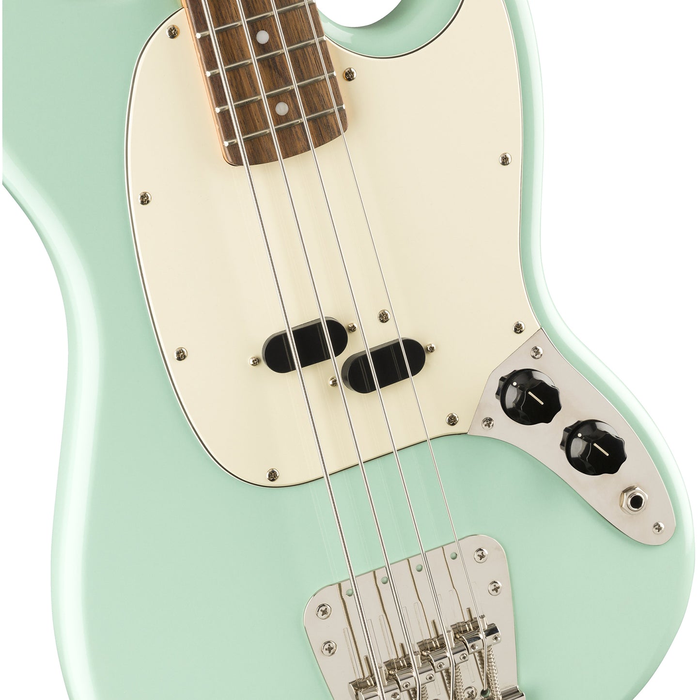 Squier by Fender Classic Vibe '60s Mustang Bass Electric Guitar Vintage Style LRL with Split Coil Pickup, Nickel Plated Hardware (White, Green)