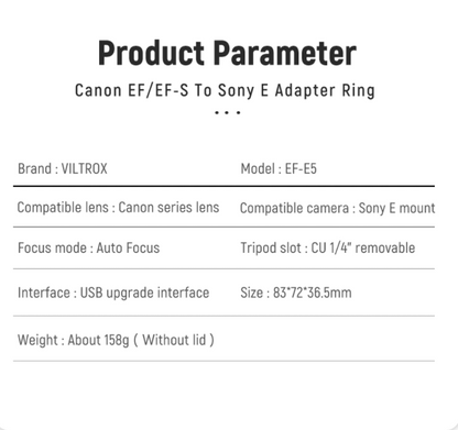 Viltrox EF-E5 Autofocus Adapter for Canon Series Lens to Sony E-Mount Series Mirrorless Cameras