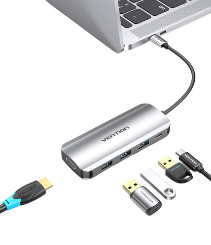 [CLEARANCE] Vention 5 in 1 USB Type C Hub with 4K HDMI Output, 5Gbps USB 3.0 Ports, & Fast Charging USB-C Power Delivery Adapter Dock | THFHB, TODHB