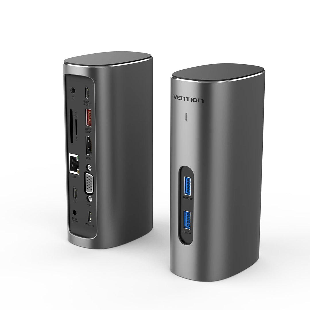 Vention 12-in-1 Vertical Hub Docking Station USB-C to 4K HDMI, VGA Ultra HD with 10Gbps Data Rate, Three USB Ports, 1000Mbps RJ45 Ethernet, SD/TF Card, 3.5mm TRRS Audio/Mic, USB-C PD100W Fast Charge, Aluminum Alloy Type | TPJH0-US