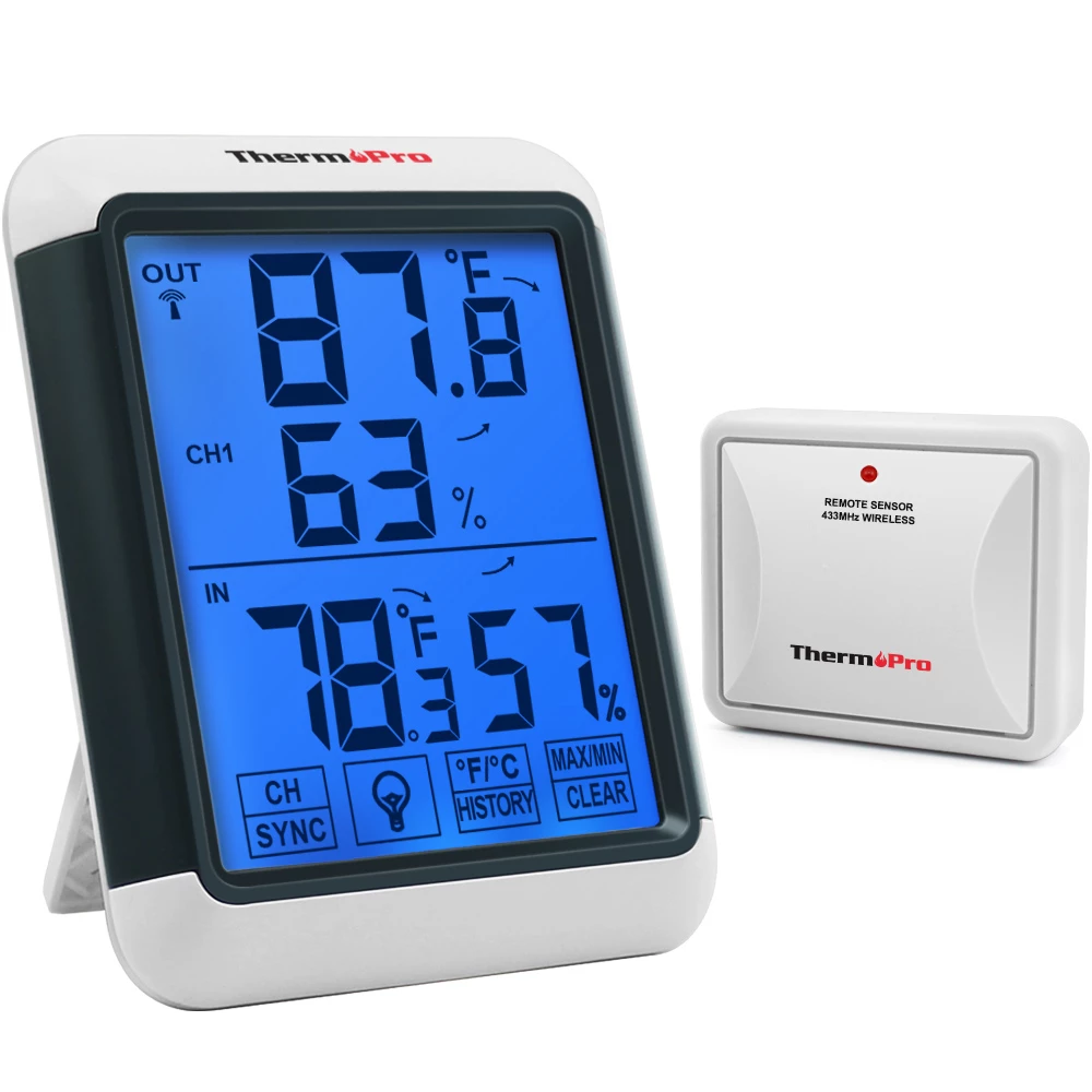 ThermoPro TP-65A TP65A Indoor Outdoor Digital Wireless Thermometer Hygrometer for Temperature and Humidity Monitor with Jumbo Touchscreen and Backlight Humidity Gauge