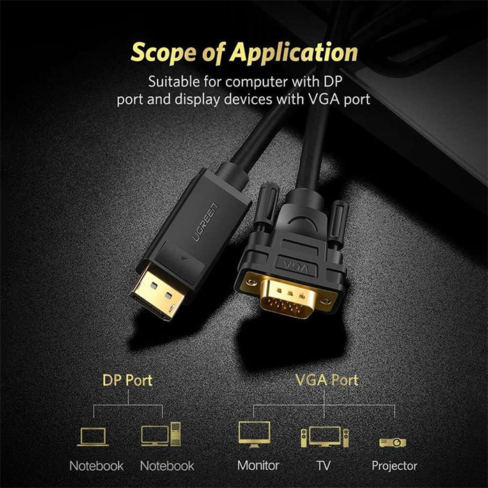 UGREEN 1080P 60Hz DisplayPort DP Male to VGA Male Gold-Plated Cable Connector Black 1.5 Meters for PC, Laptop, Projector (1.5M) | 10247
