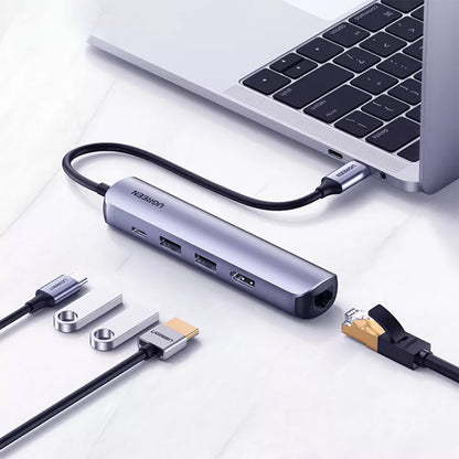 [CLEARANCE] UGREEN Ultra Slim USB 5-in-1 Type-C Hub with 4K HDMI, 1Gbps RJ45, Type-A USB 3.0 and 100W PD Charging Ports for Windows, PC, Mac | 10919