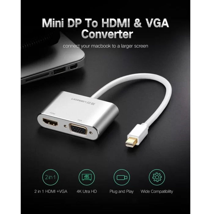 UGREEN 1080P 4K Ultra HD Mini DisplayPort DP to 2 in 1 HDMI + VGA Converter Aluminum Case Plug and Play for PC, LCD Monitor, Projectors | 20421