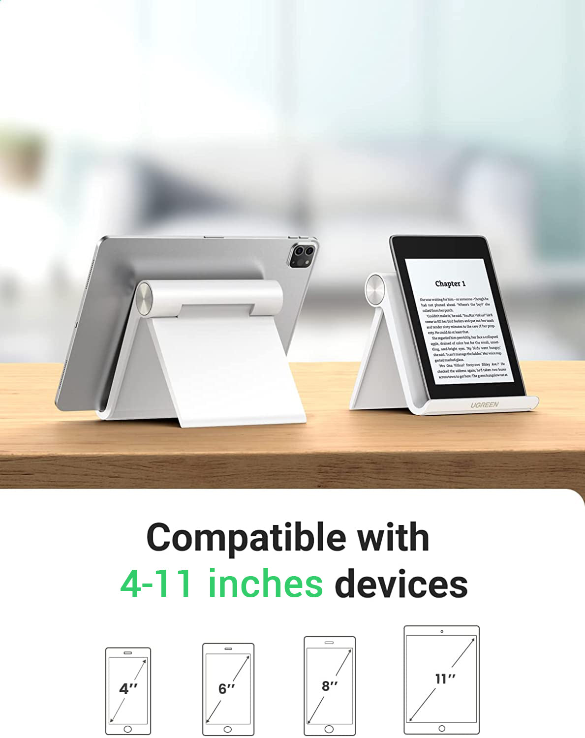 UGREEN Multi-Angle Adjustable Phone Tablet Holder Foldable Desk Stand for 4" to 11" Devices (White, Black)