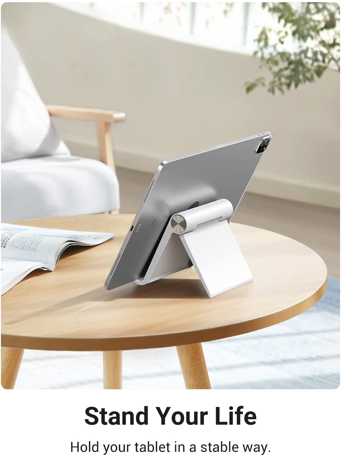 UGREEN Multi-Angle Adjustable Phone Tablet Holder Foldable Desk Stand for 4" to 11" Devices (White, Black)