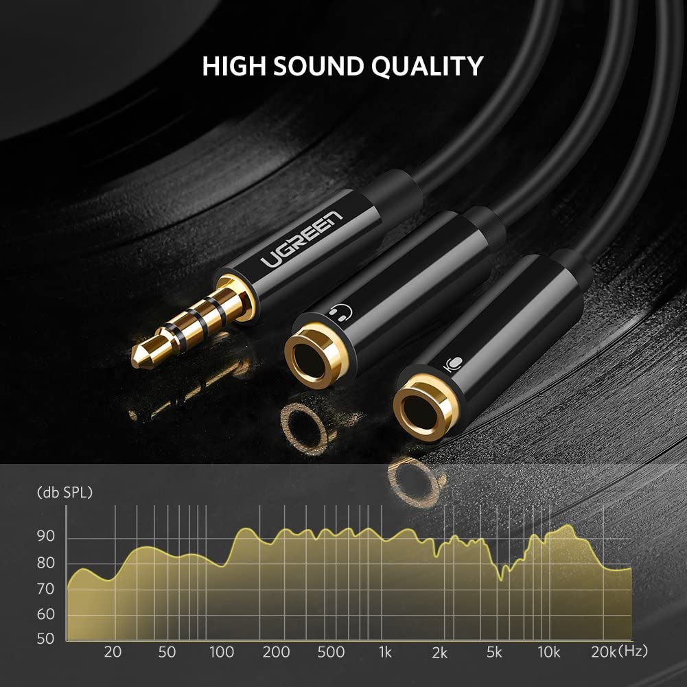 UGREEN 3.5mm Male TRRS to Dual 3.5mm Female Headset and Microphone AUX Audio Splitter Gold-Plated Cable Adapter for Smartphones, Tablet, Laptop, Computers, PC - White, Black | 10789 30620