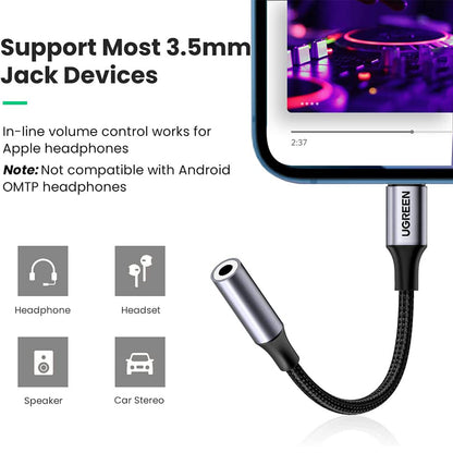 [CLEARANCE] UGREEN Lightning Male to 3.5mm Female 10CM Nylon-Braided Audio AUX Headphone Jack Adapter for Smartphones | 30756