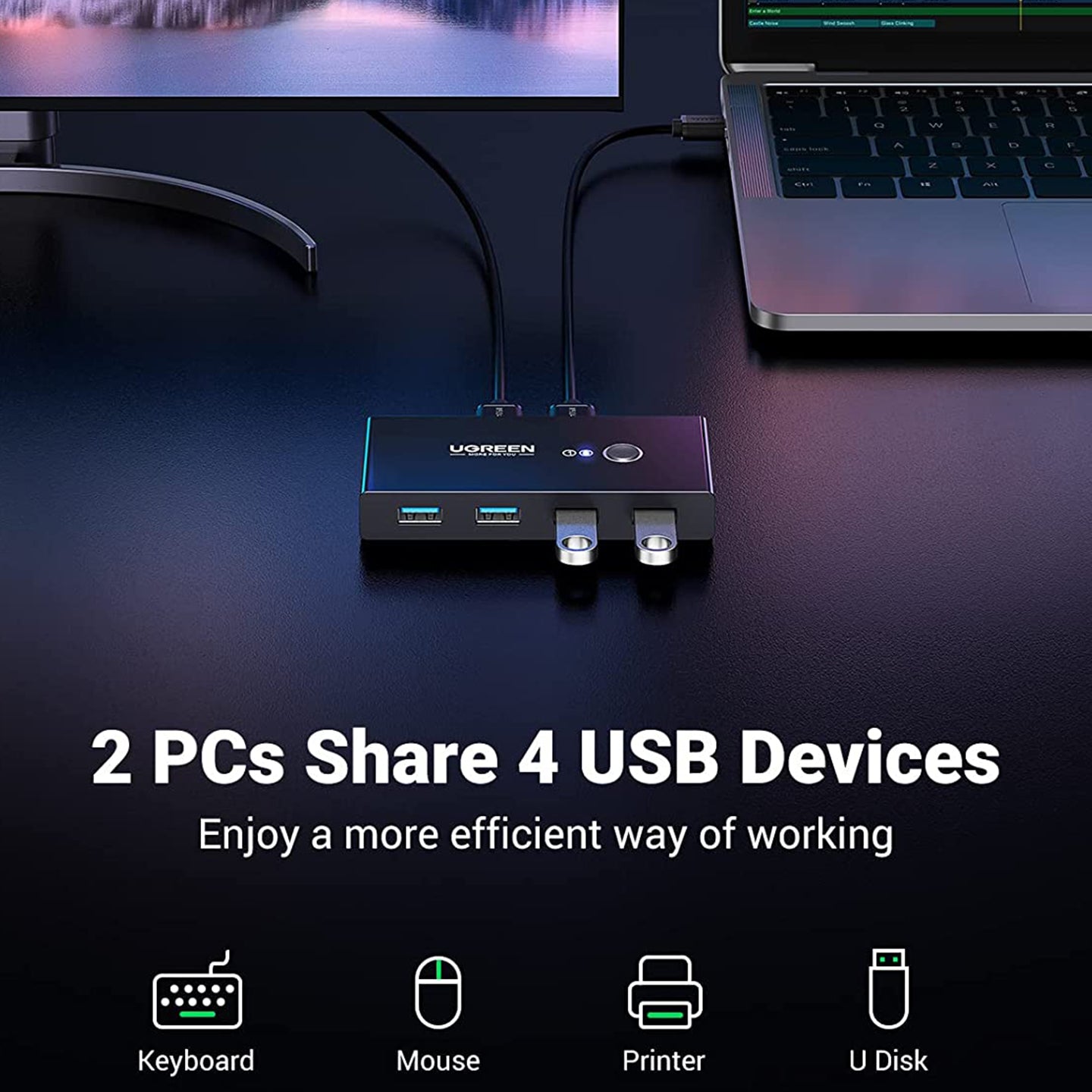 UGREEN 2-In / 4-Out Adapter with 4 USB-Port Switchers with One Button Switch and LED Indicator for Computer Peripherals (Available in USB 2.0, USB 3.0) | 30767, 20768
