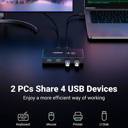 [CLEARANCE] UGREEN 2-In / 4-Out Adapter with 4 USB-Port Switchers with One Button Switch and LED Indicator for Computer Peripherals (USB 3.0) | 20768