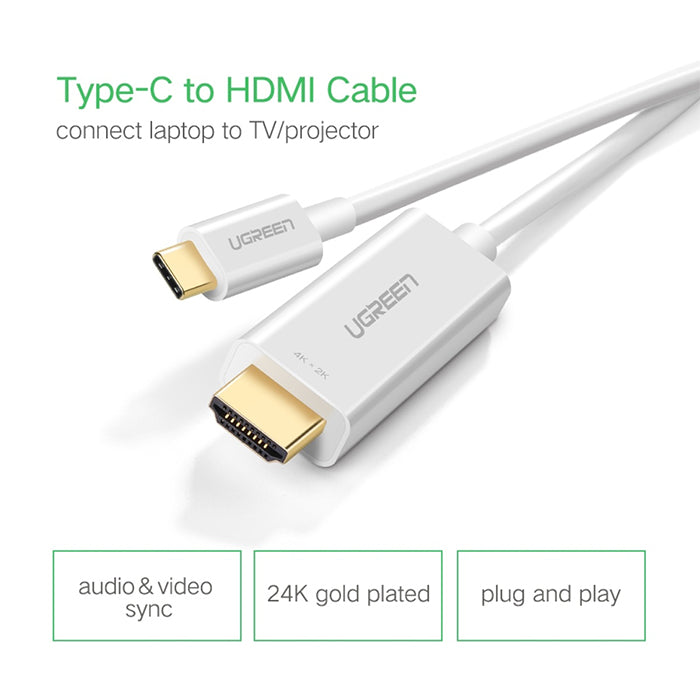 UGREEN 4K 30Hz USB Type C to HDMI Male Gold-Plated Video/Audio Sync Cable 1.5 Meters with Multiple Diplay Mode, Plug and Play for Laptop, HDTV, Monitor, Projector (1.5M) (White) | 30841