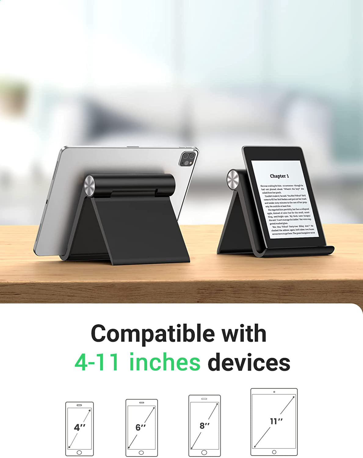 UGREEN Multi-Angle Adjustable Phone Tablet Holder Foldable Desk Stand for 4" to 11" Devices (White, Black)
