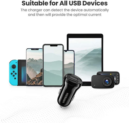[CLEARANCE] UGREEN Dual USB Car Charger 24W 4.8A Fast Charging Adapter with Overcharge / Short Circuit Protection, Fireproof ABS Housing for 12V 24V Cars