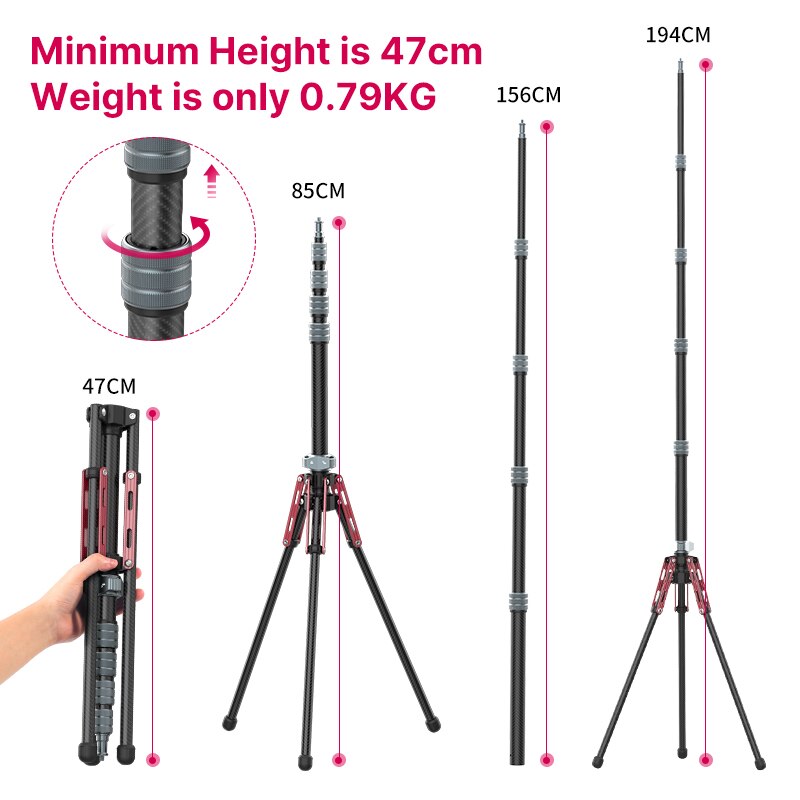 Ulanzi MT-49 Carbon Fiber Portable Camera Tripod / Light Stand with 194cm Max Height, Mid-Axis Detachable Monopod for Professional Photography