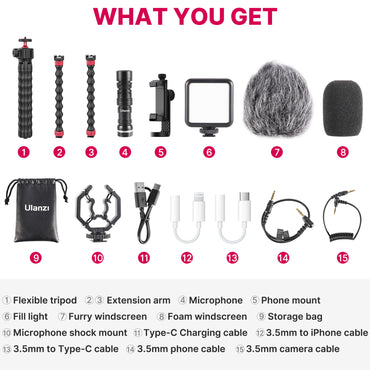 [CLEARANCE] Ulanzi 2810 Smartphone Vlog Kit Set (Gorilla Tripod, Microphone, Fill Light, Phone / Shock Mount, Windscreens) for Filmmaking Livestream Video Content