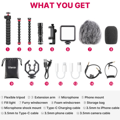 [CLEARANCE] Ulanzi 2810 Smartphone Vlog Kit Set (Gorilla Tripod, Microphone, Fill Light, Phone / Shock Mount, Windscreens) for Filmmaking Livestream Video Content