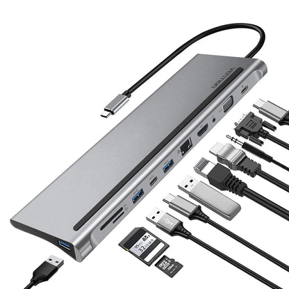 [CLEARANCE] Vention 11-in-1 Multifunctional Docking Station USB-C Male to Female 4K HDMI, VGA, USB 3.1 / 2.0 / Type-C, RJ45, SD/TF, TRRS 3.5mm, PD Adapter | THTHC