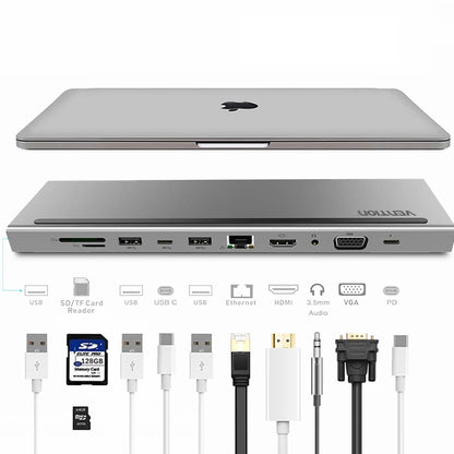 [CLEARANCE] Vention 11-in-1 Multifunctional Docking Station USB-C Male to Female 4K HDMI, VGA, USB 3.1 / 2.0 / Type-C, RJ45, SD/TF, TRRS 3.5mm, PD Adapter | THTHC
