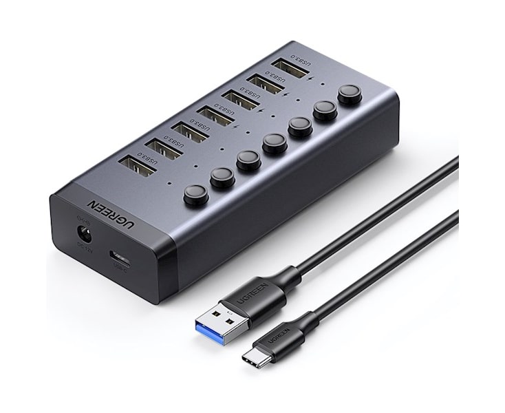 UGREEN 7 Port USB 3.0 Hub with 4 Fast Charge Slots Individual Toggle Switches and 5Gbps Data Transfer Speeds (12V Power Adapter Included) | 90305