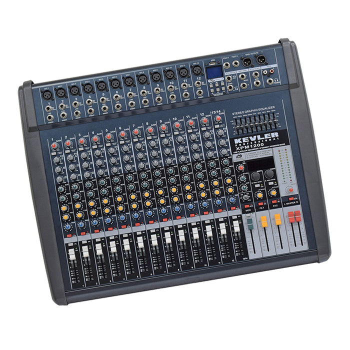 KEVLER XPM-1200 14-Channel 550W X2 Powered Mixer with 12 Mic / Line 1 Stereo Input, AUX Output, 9 Band Graphic EQ with USB Playback / Record Function and Dual 24-Bit DSP Effect