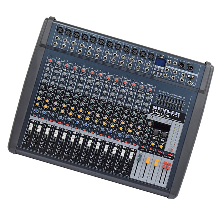 KEVLER XPM-1200 14-Channel 550W X2 Powered Mixer with 12 Mic / Line 1 Stereo Input, AUX Output, 9 Band Graphic EQ with USB Playback / Record Function and Dual 24-Bit DSP Effect