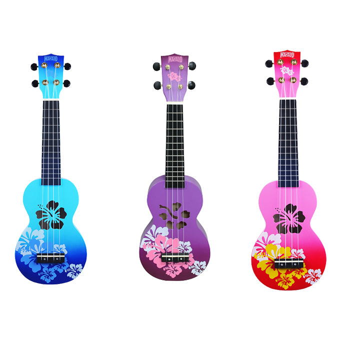 Mahalo Hawaii Hibiscus Flower Series Soprano Acoustic Ukulele 4 String Guitar Gold-Plated with 12 Frets, NuBone XB (Blue, Purple, Red) | MD1HBBUB/PPB/RDB