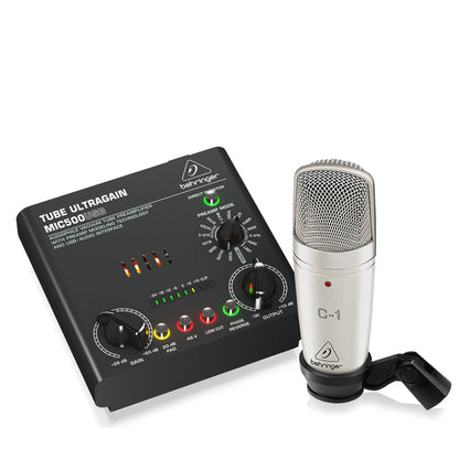 [CLEARANCE] Behringer Voice Studio Recording Bundle with Studio Condenser Microphone, USB to Audio Tube Preamplifier with 16 Preamp Voicings for Studio Recordings