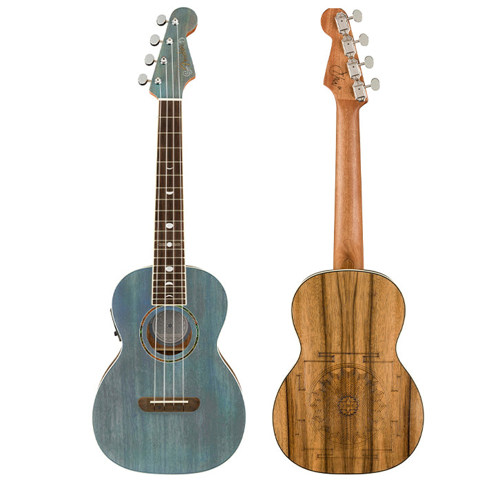 Fender Dhani Harrison Signature 19 Frets 4 Strings Tenor Acoustic Electric Ukulele Guitar with Walnut Fingerboard, Built-In FE-U01 Preamp for Musicians (Sapphire Blue Transparent, Turquoise)