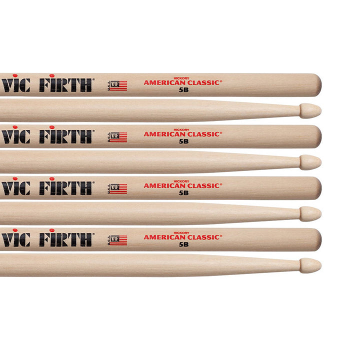 Vic Firth American Classic 5B Wood Tip Drumsticks with Medium Tapers (Pack of 4) for Drums and Percussion | P5B.3-5B.1