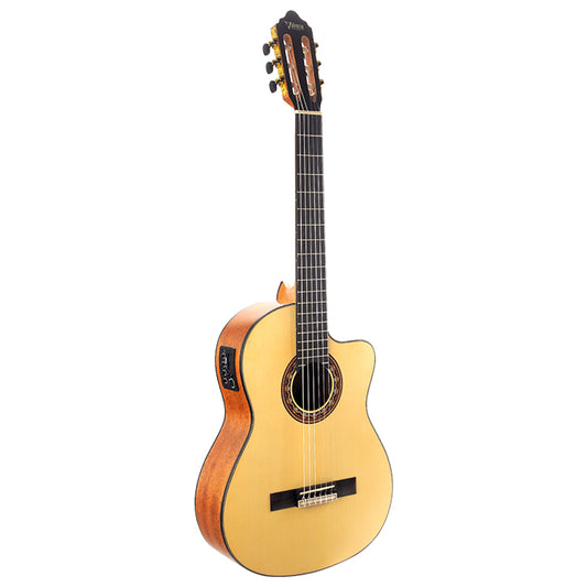 Valencia 300 Series Classical Full Size Acoustic Electric Guitar Natural with Cutaway, Built-In Chromatic Tuner, 6-String Nylon, 19 Frets for Student Musicians, Beginner Players | VC304CE