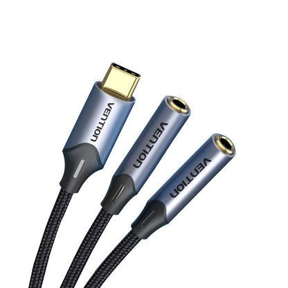 [CLEARANCE] Vention USB Gold Plated Type-C Male to Dual 3.5mm OMTP/CTIA Female 0.3-Meter Braided Audio Jack Adapter for Smartphones, Laptops, Tablets | BGNHY