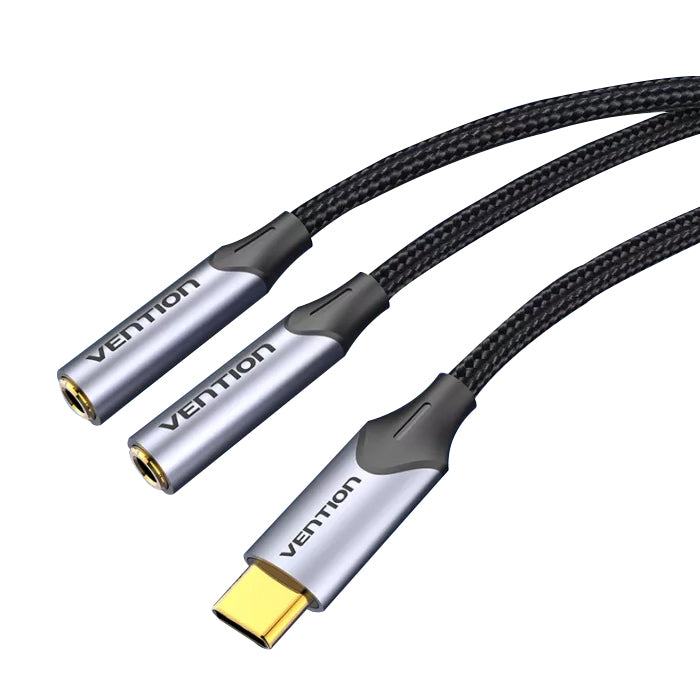 Vention USB Gold Plated Type-C Male to Dual 3.5mm OMTP/CTIA Female 0.3-Meter Braided Audio Jack Adapter for Smartphones, Laptops, Tablets | BGNHY