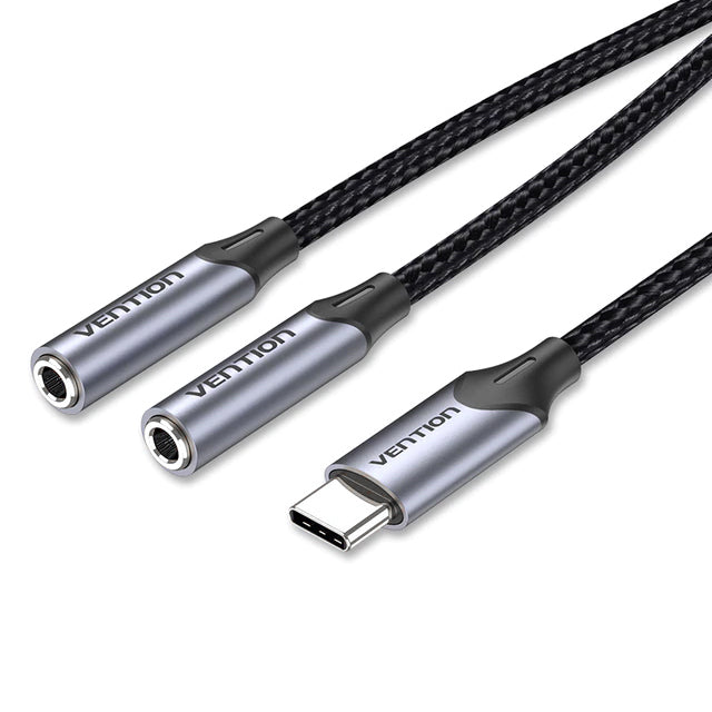 Vention USB Nickel Plated Type-C Male to Dual TRS 3.5mm Female 0.3-Meter Braided Audio & Mic Jack Splitter Cable for Smartphones, Laptops, Tablets | BGPHY