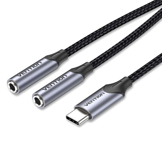 Vention USB Nickel Plated Type-C Male to Dual TRS 3.5mm Female 0.3-Meter Braided Audio & Mic Jack Splitter Cable for Smartphones, Laptops, Tablets | BGPHY