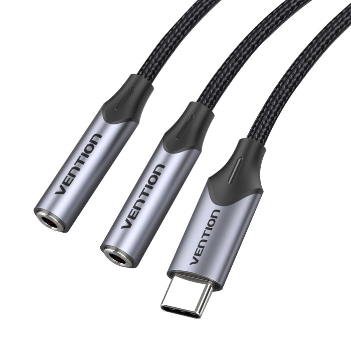 Vention USB Nickel Plated Type-C Male to Dual TRS 3.5mm Female 0.3-Meter Braided Audio & Mic Jack Splitter Cable for Smartphones, Laptops, Tablets | BGPHY