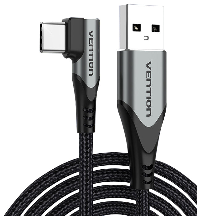 Vention Right Angle Type-C Male to USB 2.0-A Male Nickel Plated Braided 3A Fast Charging Cable with 480Mbps Transfer Speed for Smartphones (Available in 0.25M, 0.5M, 1M, 1.5M, 2M, 3M) | COEH