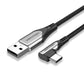 Vention Right Angle Type-C Male to USB 2.0-A Male Nickel Plated Braided 3A Fast Charging Cable with 480Mbps Transfer Speed for Smartphones (Available in 0.25M, 0.5M, 1M, 1.5M, 2M, 3M) | COEH