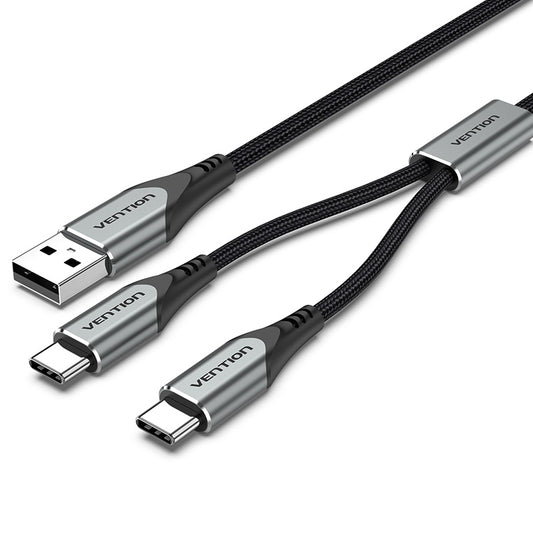 Vention USB 2.0 A Male to Dual USB Type-C Male Braided Nickel Plated Y-Splitter Data and Charging Cable with 480Mbps Transfer Speed for Smartphones, Tablets (Available in 0.5M and 1M) | CQOH