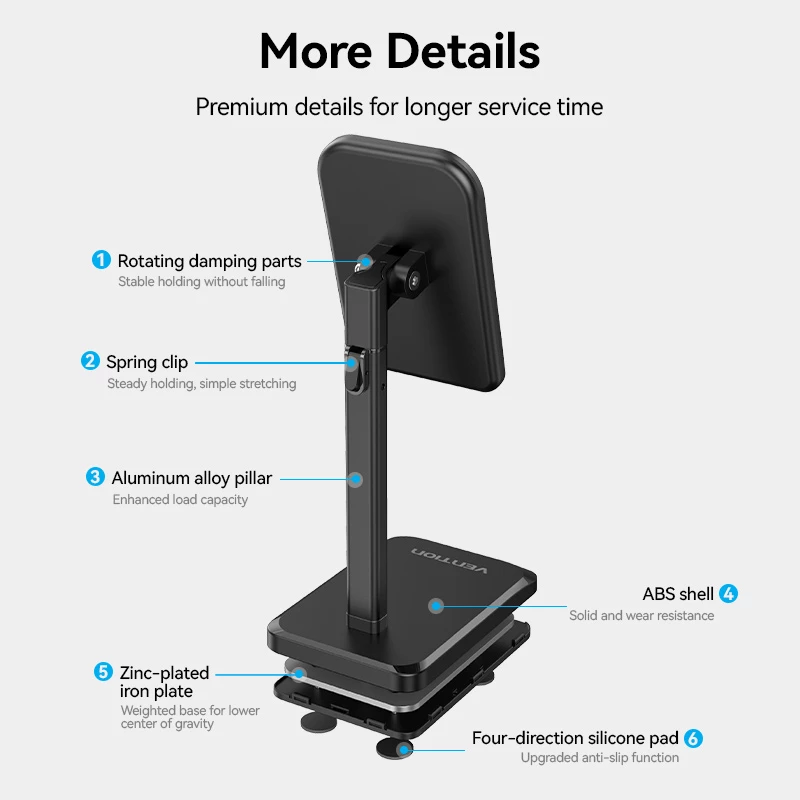 Vention Desktop Mobile Phone Tablet Stand Aluminum Alloy Type with Adjustable Height (Black, White) | KCQ