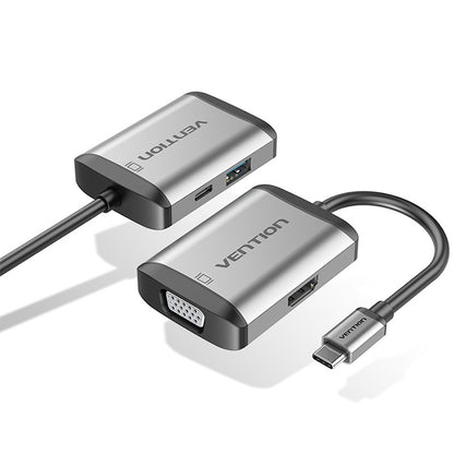 Vention 4-In-1 Type-C Hub to HDMI. VGA, USB 3.0 Charging Power Delivery 1080P 30Hz for Laptop, Desktop, Tablet, Phone, (Gray) | TFAHB
