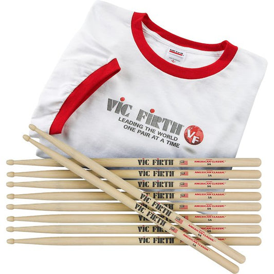Vic Firth American Classic 5-Pair 5A Wood Tip Drumsticks with Free Medium T-Shirt for Drummers | P5A.5-PTS14M.1