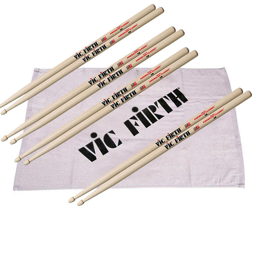 Vic Firth American Classic 5B Hickory 4-Pair Drumsticks Barrel Tip Wood with Free Towel for Drummers | P5B.4-PTOWL.1