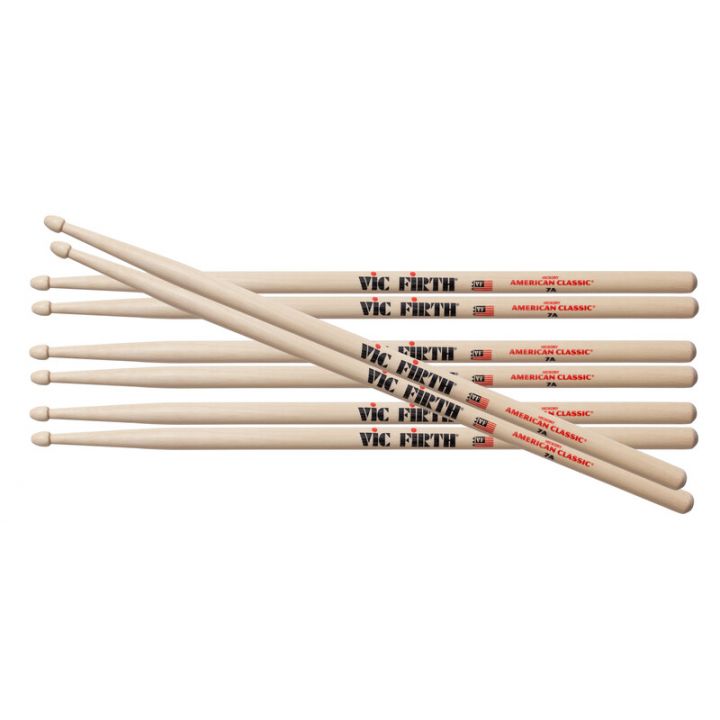 Vic Firth American Classic 7A 4-Pack Hickory Wood Tip Drumsticks with Medium Tapers for Drums and Percussion | P7A.3-7A.1