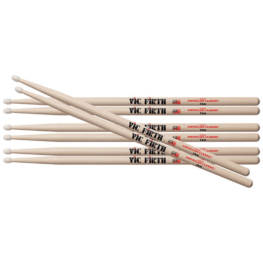 Vic Firth American Classic 7AN 4-Pairs Hickory Nylon Tip Drumsticks with Medium Tapers for Drums and Percussion | P7AN.3-7AN.1