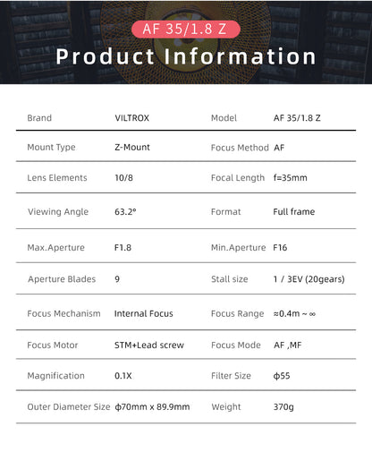 [CLEARANCE] Viltrox 35mm f/1.8 Autofocus AF Wide Angle Full Frame Prime Lens for Nikon Z Mount Mirrorless Cameras