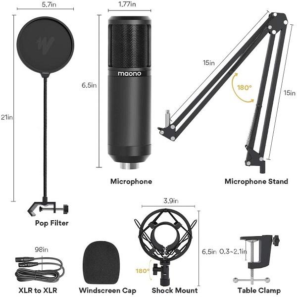 MAONO AU-PM320S PM320S Cardioid High Sensitivity Low Noise XLR Condenser Microphone Kit with Boom Arm Stand for Vocal Studio Recording, Podcasting, Gaming and Chatting