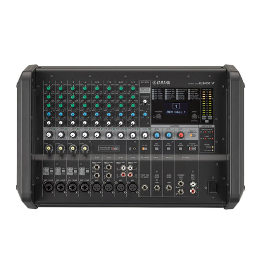 Yamaha EMX7 12-Channel 710W Portable Powered Audio Mixer and Class D Amplifier with Extensive Inputs, Built-In 24 SPX Effects, 1 Knob Master EQ and Flex 9 Graphic Equalizer, Feedback Suppresor and Large Handles