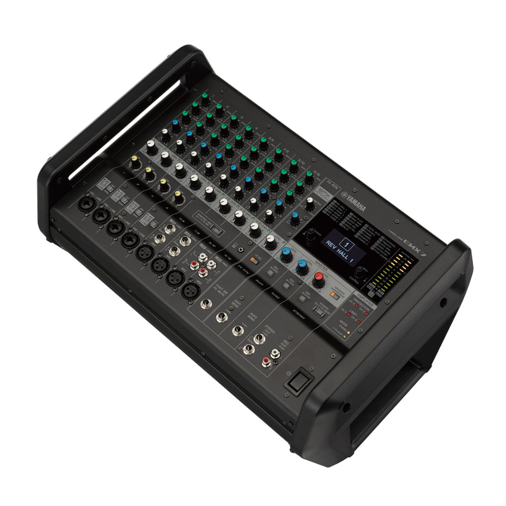 Yamaha EMX7 12-Channel 710W Portable Powered Audio Mixer and Class D Amplifier with Extensive Inputs, Built-In 24 SPX Effects, 1 Knob Master EQ and Flex 9 Graphic Equalizer, Feedback Suppresor and Large Handles