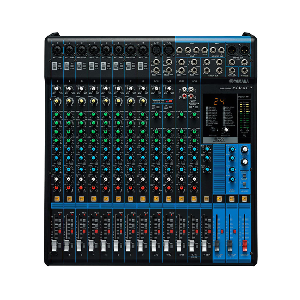 Yamaha MG16XU 16-Channel Audio Mixer with 24 Built-In SPX Effects, 3-Band EQ Equalizer and High Pass Filter, USB, XLR and 6.35mm AUX I/O and CUBASE LE App Support for Studio and Recording | MG 16XU